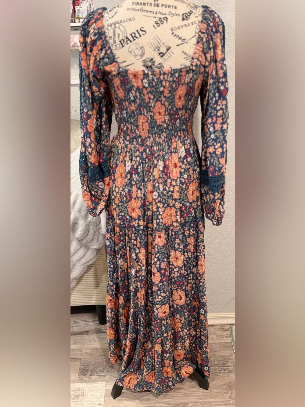 Angie Floral Maxi Dress Medium Boho Cottagecore Smocked Crochet Sleeve 100%Rayon - Picture 6 of 8
